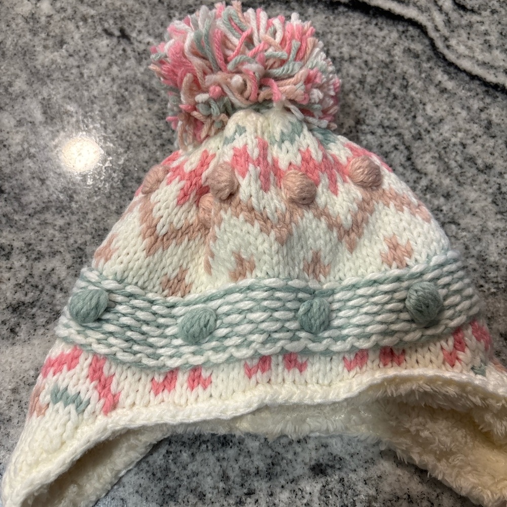 Girls handknit Cozy pink Pom-Pom Earflap Hat